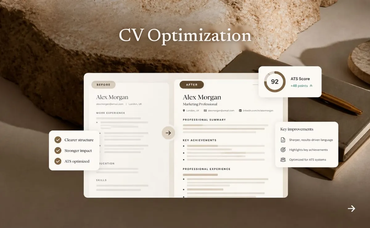 A before-and-after CV comparison with an ATS readiness checklist and the heading "CV Optimization"