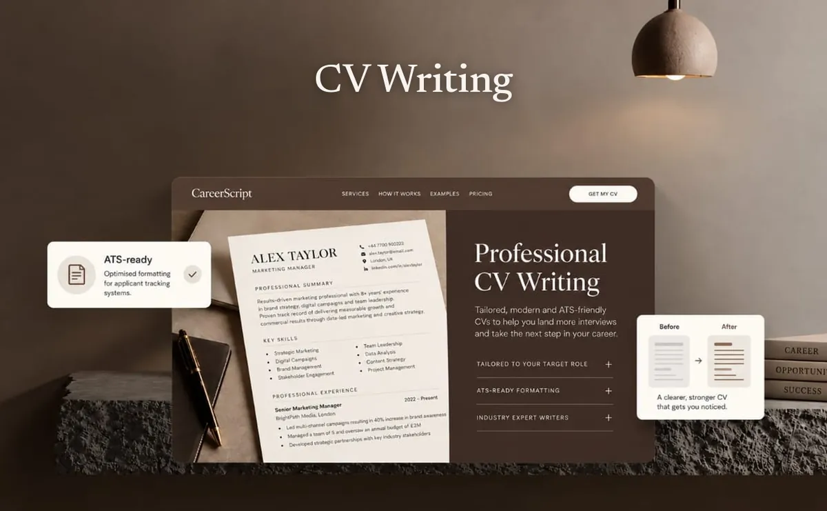 A professionally laid-out CV on a desk next to the heading "CV Writing"